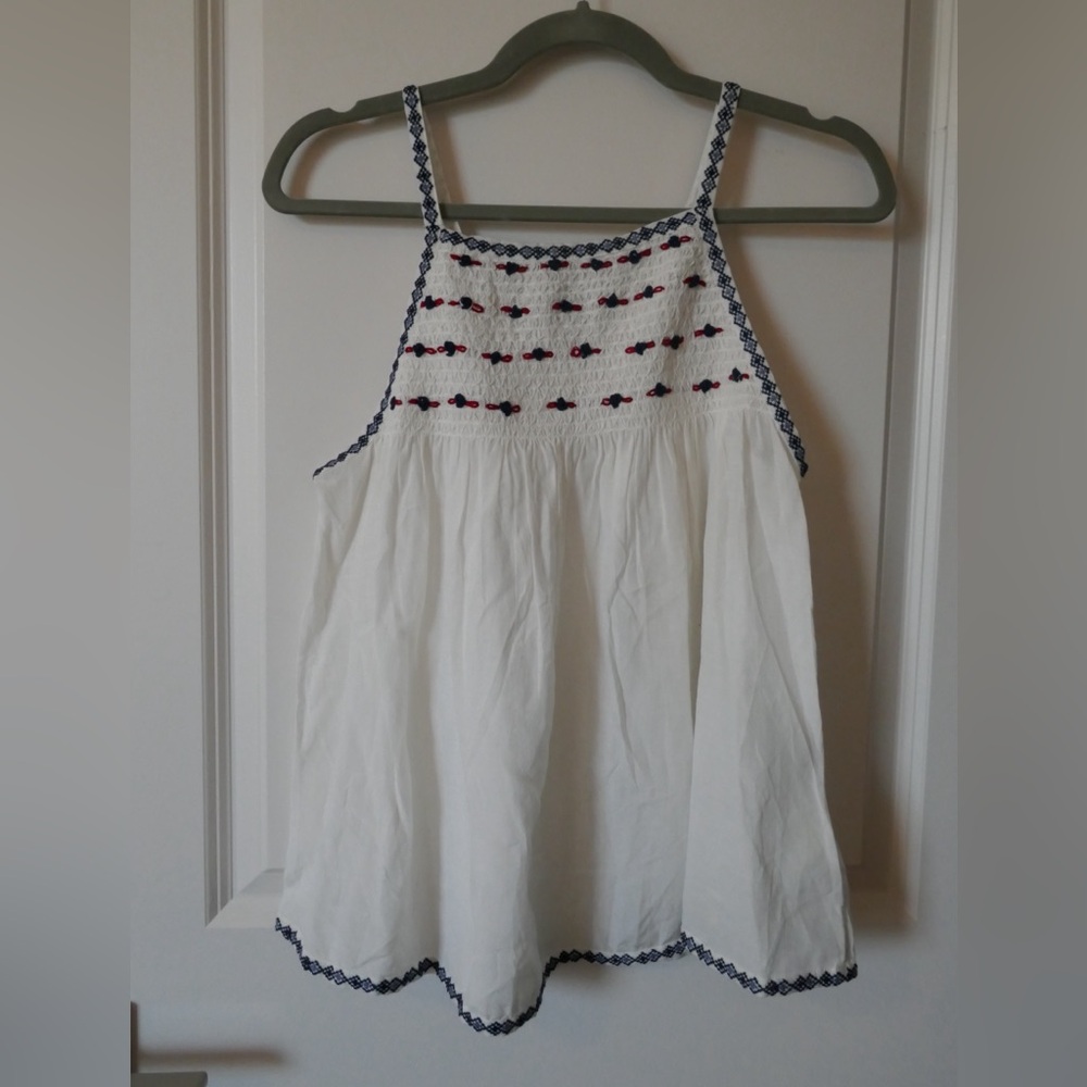 Smocked Anthropologie tank top | White, with red and blue | size S